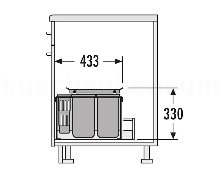 Technische Zeichnung eines Einbaumülleimers im Unterschrank mit einer Breite von 433 Millimeter und einer Höhe von 330 Millimeter.