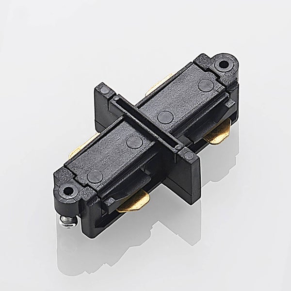 Schwarzer linearer Schienenverbinder für drei Phasen Schienensysteme aus Kunststoff und Metall.