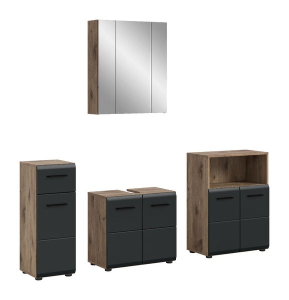 Badezimmermöbel-Set in Holzoptik mit dunkelgrauen Fronten, bestehend aus Spiegelschrank, Waschbeckenunterschrank und zwei Beistellschränken.
