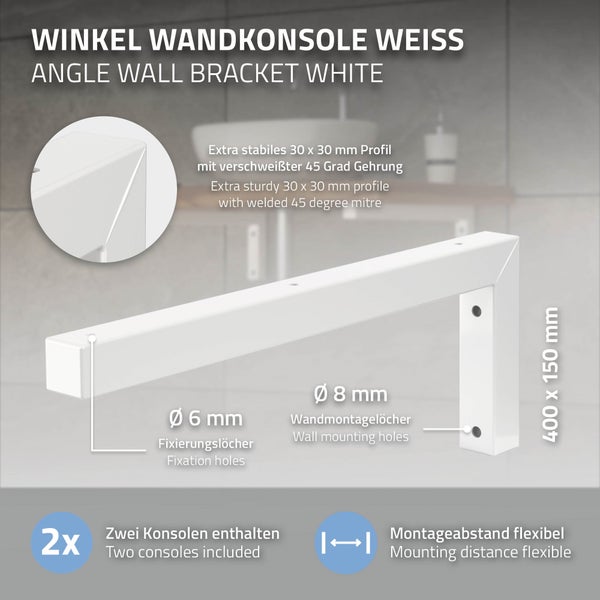 ML-Design 2er Set Wandkonsole Winkel L-Form für Waschtisch, 400x150 mm, Weiß, Stahl, Design Waschtischhalterung, Wandhalterung für Waschtischplatte Waschbecken, Konsolenträger Regalträger Regalhalter