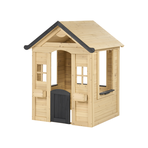 Kinderspielhaus aus Holz mit Satteldach, kleiner Tür, Fensterkreuzen und Blumenkästen für den Garten.