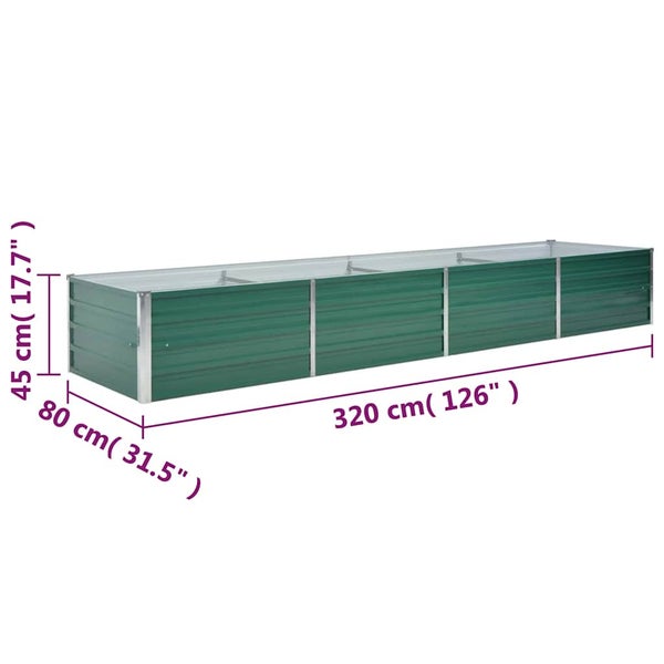 Grünes rechteckiges Hochbeet aus Metall mit den Maßen 320 x 80 x 45 Zentimeter.