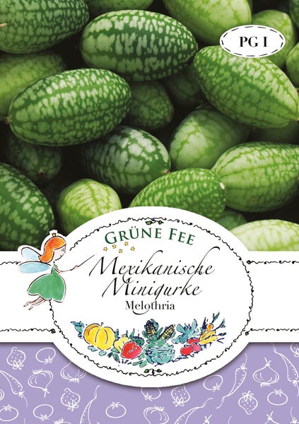 Grüne Fee Samenpackung Mexikanische Minigurke Melothria, Abbildung kleiner, gemusterter Früchte.