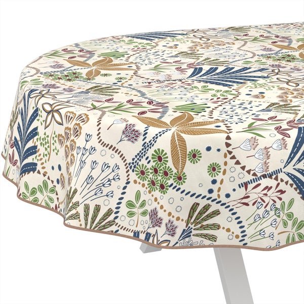 Runde Tischdecke mit botanischem Muster und floralen Motiven.