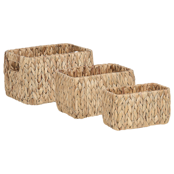 Drei geflochtene Aufbewahrungskörbe aus Wasserhyazinthe