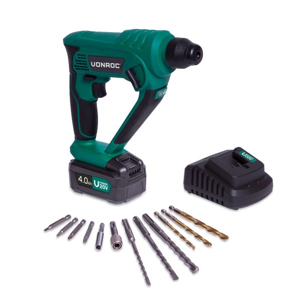 Grüner Vonroc Akku-Bohrhammer mit 20 Volt 4,0 Amperestunden Akku, Ladegerät und Set aus Bohrern und Bits.