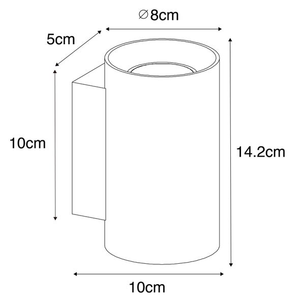 Technische Zeichnung einer Wandleuchte mit den Maßen 14,2 x 10 x 5 Zentimeter und einem Durchmesser von 8 Zentimeter.