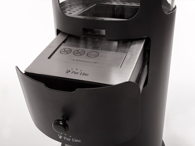 Pur Line Mülleimer mit Aschenbecherfunktion und Verbotssymbolen für offenes Feuer und brennende Gegenstände, sowie Symbol für Bedienungsanleitung