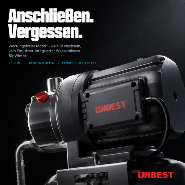 ONBEST Hauswasserwerk mit wartungsfreiem Motor, kein Ölwechsel, kein Entlüften, integrierter Frostschutz-Ablass und Gehäuse aus Edelstahl.