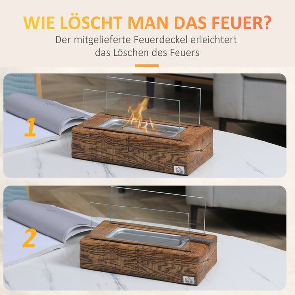HOMCOM, Ethanol-Kamin, Bio-Ethanol-Brenner, 33L x 16B x 18H cm, Beton, Edelstahl, Naturholz