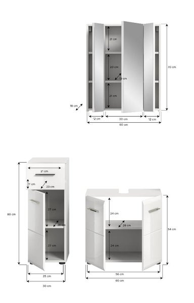 Maßzeichnung für Badezimmermöbel Set bestehend aus Spiegelschrank, Seitenschrank und Waschbeckenunterschrank mit Angaben in Zentimeter.