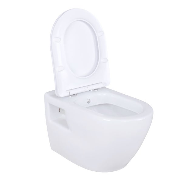 Wand-WC aus Keramik in Weiß mit geöffnetem Toilettendeckel.