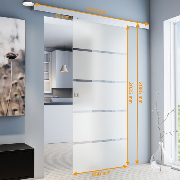 Tür Schiebetür Komplettset Glas Blockstreifen 880x2035 Zimmertür Glasschiebetür Schiebetürsystem -  Quadratgriff