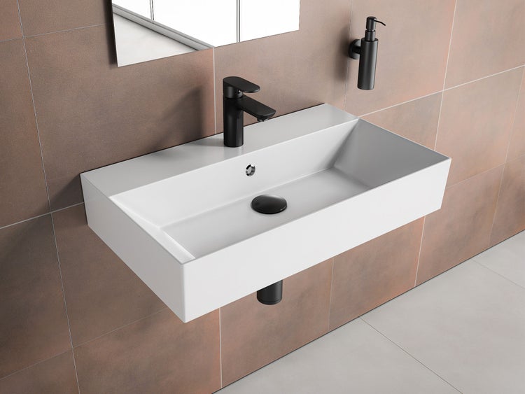 Aqua Bagno Loft KS.70 Waschtisch 70x42 cm – Keramik, Weiß Hochglanz, mit Hahnloch & Überlauf, wandhängend oder als Aufsatzwaschbecken