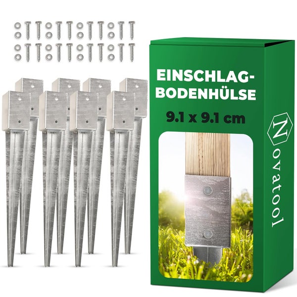 Set aus 8 Novatool Einschlagbodenhülsen, 9.1 mal 9.1 Zentimeter, verzinkter Stahl, inklusive Schrauben und Unterlegscheiben, Novatool Logo.