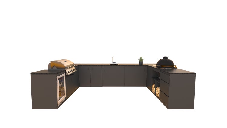 Outdoor-Küche mit Grill, Spüle, Kühlschrank und Stauraum für den Garten