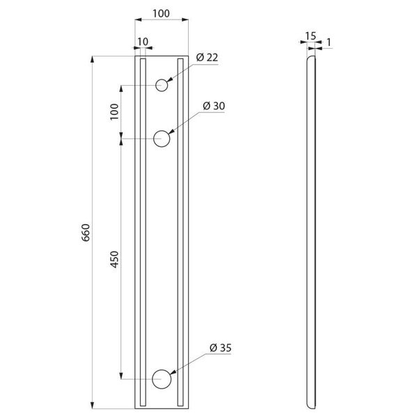 Maßzeichnung einer rechteckigen Montageplatte mit drei Bohrungen, Höhe 660 Millimeter, Breite 100 Millimeter, Tiefe 15 Millimeter.