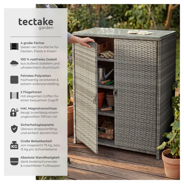 Tectake Gartenschrank aus Polyrattan mit zwei Türen, vier Fächern und einer Glasplatte aus Sicherheitsglas.