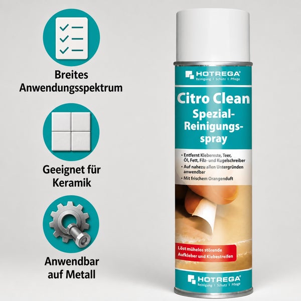 Hotrega Citro Clean Spezialreinigungsspray zur Entfernung von Kleberesten, Öl, Fett und Teer auf verschiedenen Oberflächen wie Keramik und Metall.