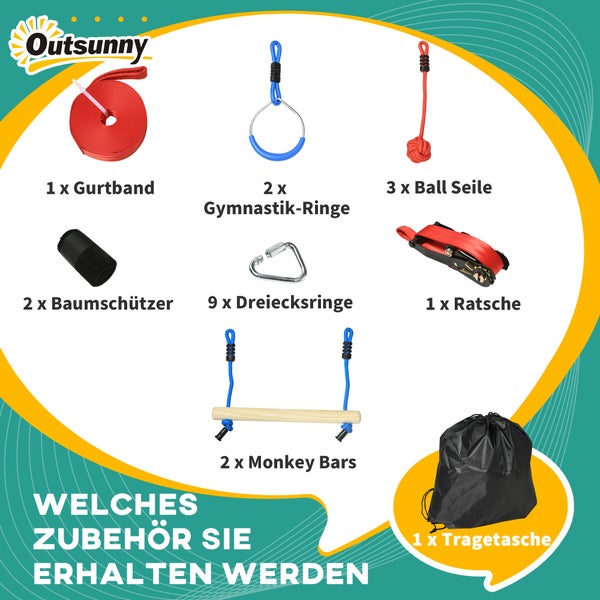 Outsunny Zubehörset mit Gurtband, Turnringen, Ballseilen, Baumschützern, Dreiecksringen, Ratsche, Sprossen und Tragetasche