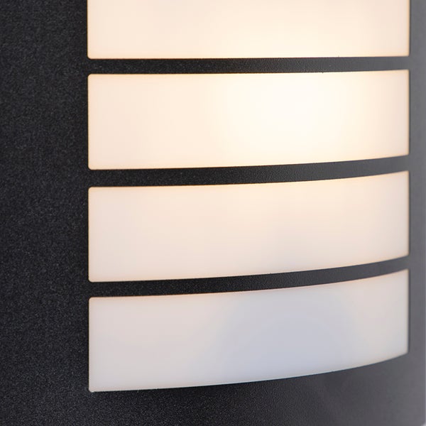 Detailansicht einer Außenwandleuchte mit anthrazitfarbenem Gehäuse und horizontalen weißen Lichtauslässen.