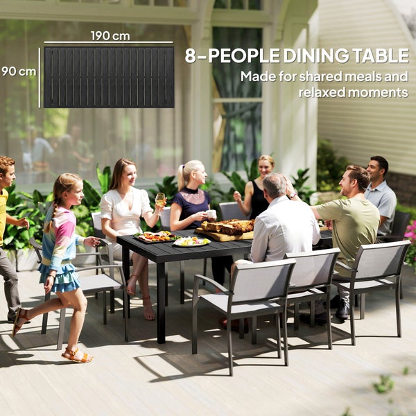 Gartentisch-Set für 8 Personen auf einer Terrasse. Dunkler Esstisch mit den Maßen 190 Zentimeter mal 90 Zentimeter und passende Stühle.