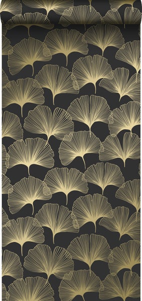 Origin Wallcoverings Tapete Ginkgoblätter Schwarz und Gold - 53 cm x 10.05 m - 347734
