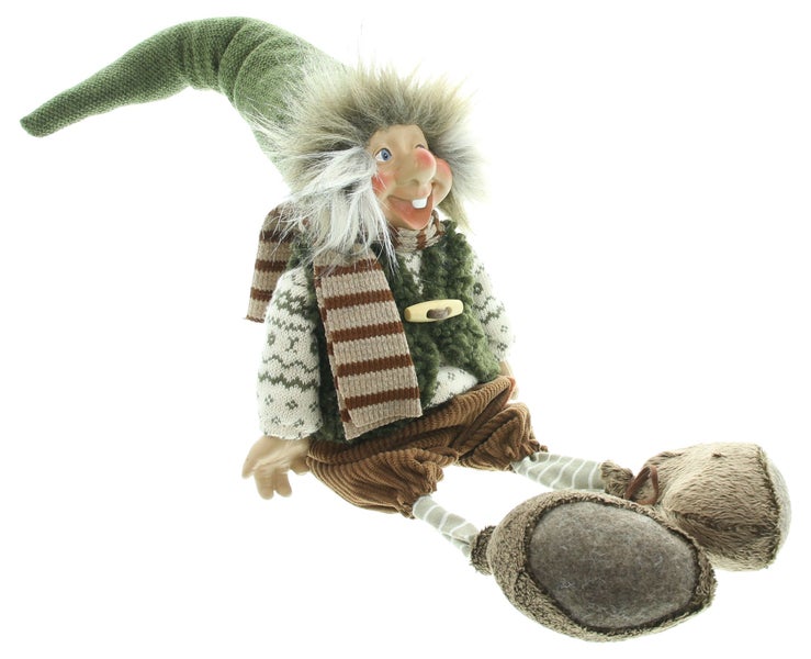 Dekorative Elfenfigur mit langem Hut, Schal und Knopf