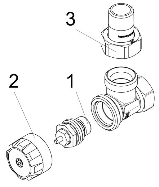Explosionszeichnung einer Ventilarmatur mit drei nummerierten Einzelteilen: Ventileinsatz, Drehgriff und Verschlusskappe.