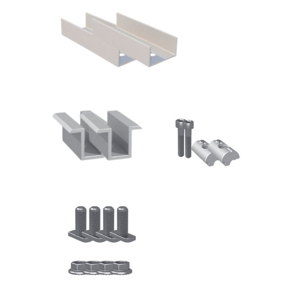 Montageset für Solaranlagen bestehend aus Metallhaltern, Innensechskantschrauben, Hammerschrauben und Flanschmuttern.