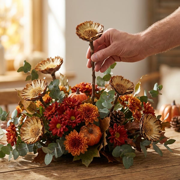 Hand platziert eine trockene Blume in einem herbstlichen Gesteck mit Chrysanthemen, Zierkürbissen und Tannenzapfen auf einem Holztisch.