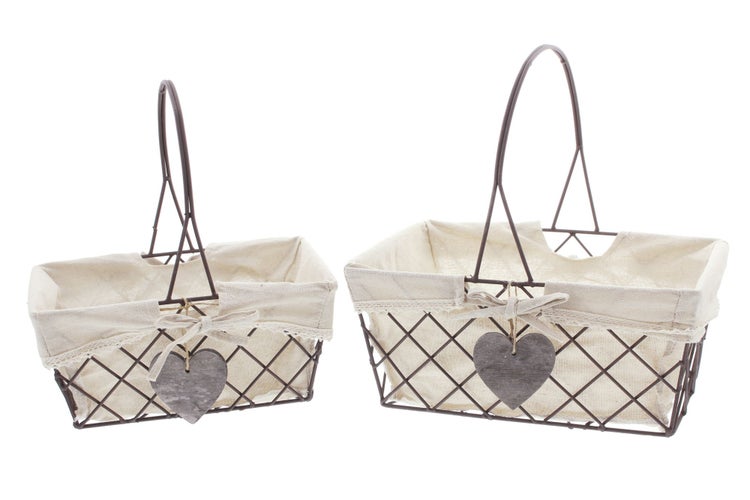 FRANK FLECHTWAREN | Drahtkorb Holzherz, 2er Set, METALL, 26 x 17 x 12 cm, GH 30 cm, 31 x 21 x 14 cm, GH 34 cm