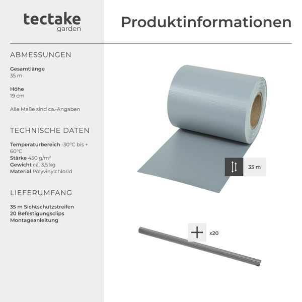 Sichtschutzstreifen tectake  leichte Montage, inklusive Befestigungsclips für Einzelstab- und Doppelstabmatten-Zäune grau