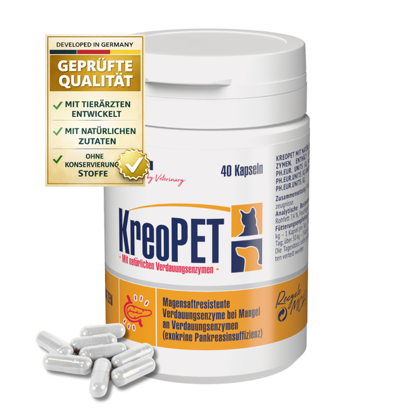 KreoPET 40 Kapseln mit natürlichen Verdauungsenzymen für Hunde und Katzen zur Unterstützung bei Bauchspeicheldrüsenschwäche. Geprüfte Qualität.
