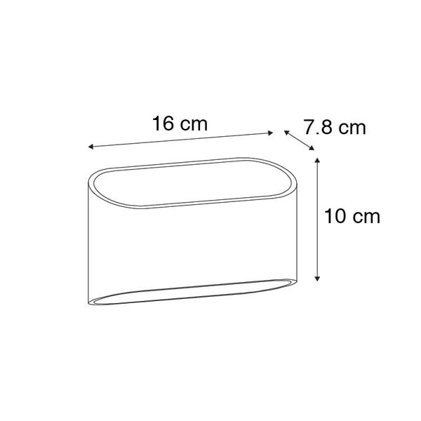 Technische Zeichnung einer Wandleuchte mit den Maßen 16 cm Breite, 7,8 cm Tiefe und 10 cm Höhe.