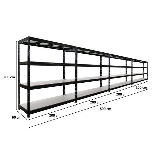 PROREGAL Mega Deal 4x Profi Schwerlastregal Rhino HxBxT 200x200x60cm 4 Melamin-Ebenen 16mm Fachlast 500kg Schwarz