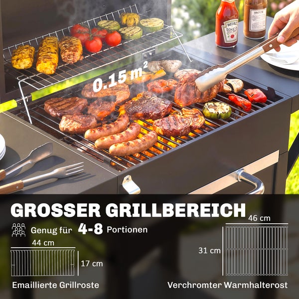 Outsunny Holzkohlegrill mit Deckel, BBQ Smoker Grill mit 2 Seitentischen Große Grillfläche Grillrost Thermometer Räder, Grillwagen Standgrill Kohlegrillwagen 110 x 46,5 x 101 cm Schwarz