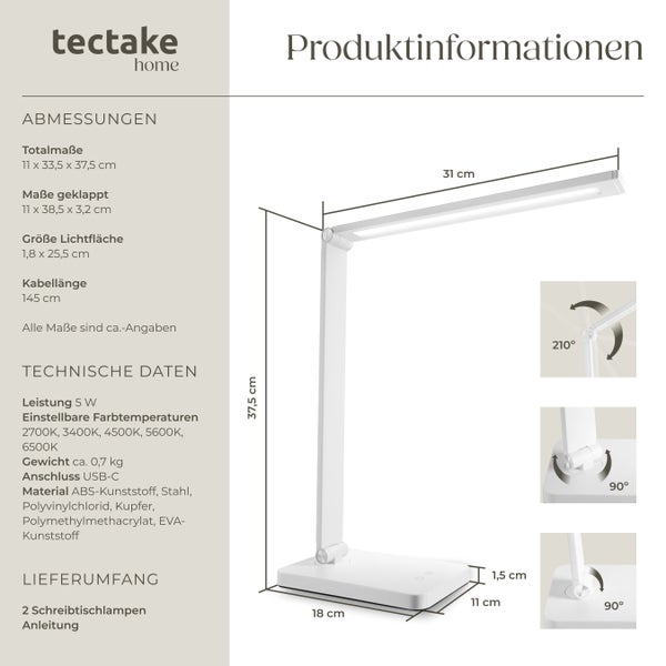 tectake Novaly Schreibtischlampe Novaly, LED, dimmbar, klappbar, 5W inklusive USB-Anschluss weiß