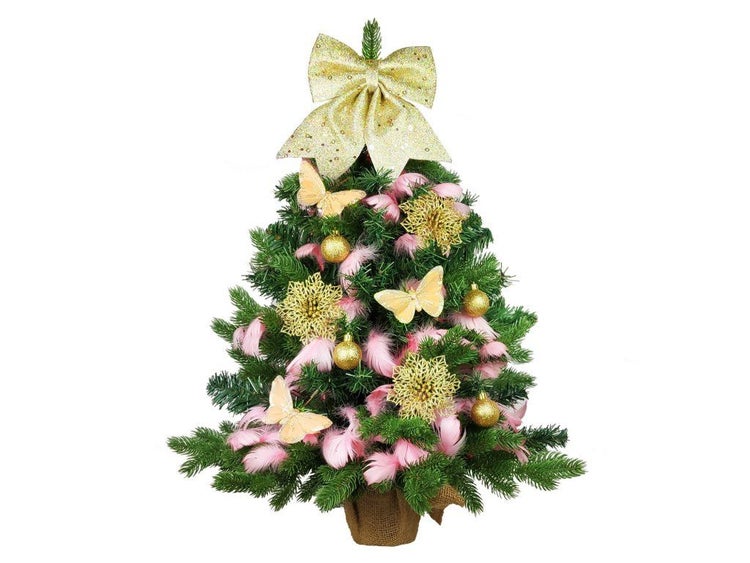 Künstlicher Weihnachtsbaum mit Schleife, Schmuckkugeln, Schmetterlingsfiguren und Federn in einem Jutesack
