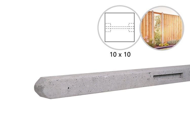 Betonpfosten für Gartenzäune mit 10 mal 10 Zentimetern Querschnitt, technischer Zeichnung und Anwendungsbeispiel an einem Holzzaun.