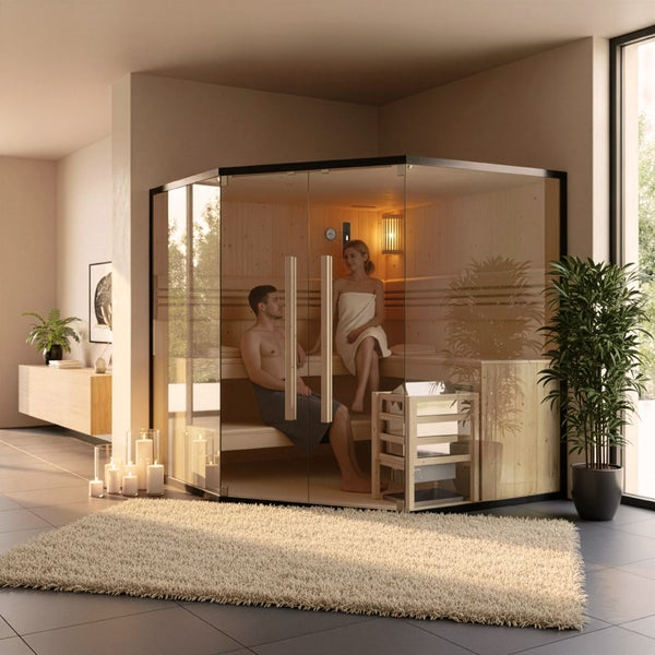 Moderne Ecksauna mit Glaselementen und heller Holzverkleidung, in einem hellen, wohnlichen Raum platziert mit einem Paar im Innenraum.