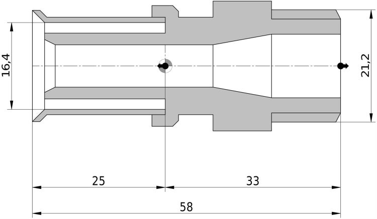 Technische Zeichnung eines Verbindungsstücks mit Maßangaben in Millimeter.