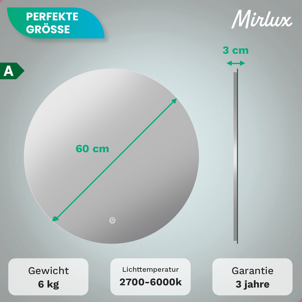 Mirlux Badezimmerspiegel mit Beleuchtung & Heizung, Wandspiegel rund Anti Kondensations 60CM