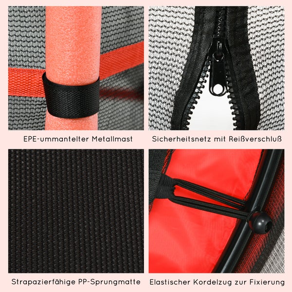 Detailansicht Trampolin: EPE-ummantelter Metallmast, Sicherheitsnetz mit Reißverschluss, strapazierfähige PP-Sprungmatte und elastischer Kordelzug zur Fixierung.