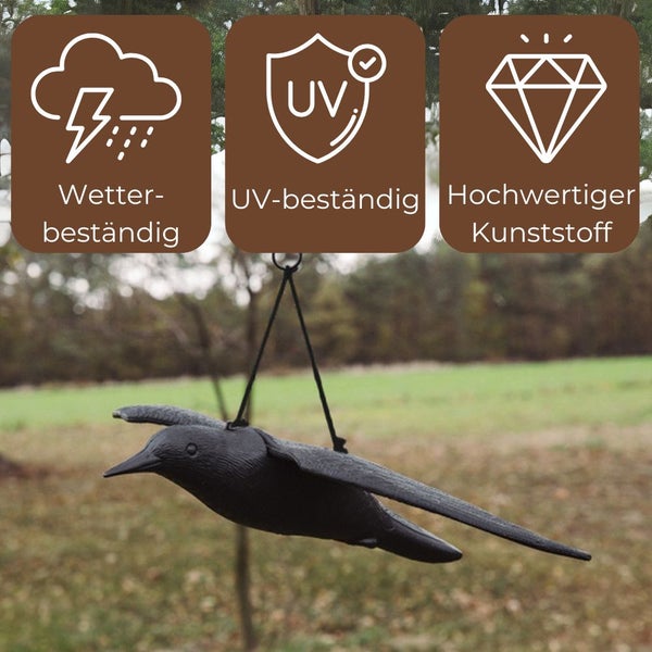 Symbol wetterbeständig. Symbol UV beständig. Symbol hochwertiger Kunststoff. Schwarze Krähe zur Vogelabwehr aus Kunststoff.