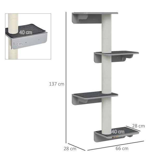 PawHut Wandkratzbaum Katzen-Kletterwand Kratzbaum Katzenmöbel für die Wand Kletterspaß für Katzen Wandmontage Holz Hellgrau+Beige 66 x 28 x 137 cm