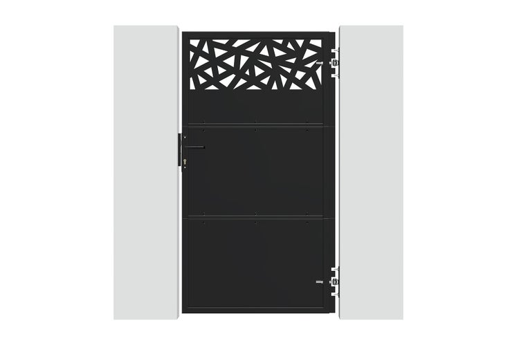 Modernes Gartentor aus Aluminium in Schwarz mit geometrischem Dekor im oberen Bereich inklusive Drückergarnitur und Scharnieren.