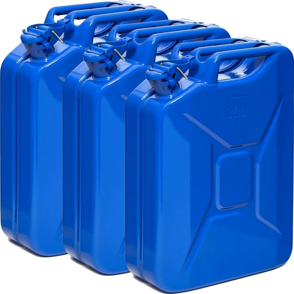 Drei blaue 20-Liter-Kraftstoffkanister aus Stahl