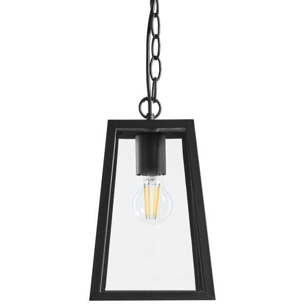 Hängelampe im Laternen-Design mit Metallrahmen und Glaseinsatz sowie einer LED-Glühlampe an einer Kette.