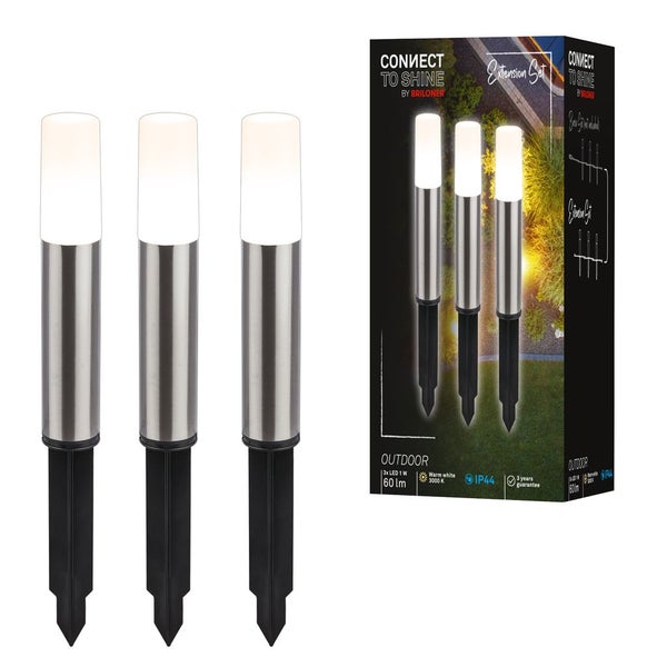 Briloner LED Garten-Erdspießleuchten Connect to Shine Erweiterungsset, Dreier-Set, Edelstahl-Optik, warmweißes Licht, Schutzart IP44.
